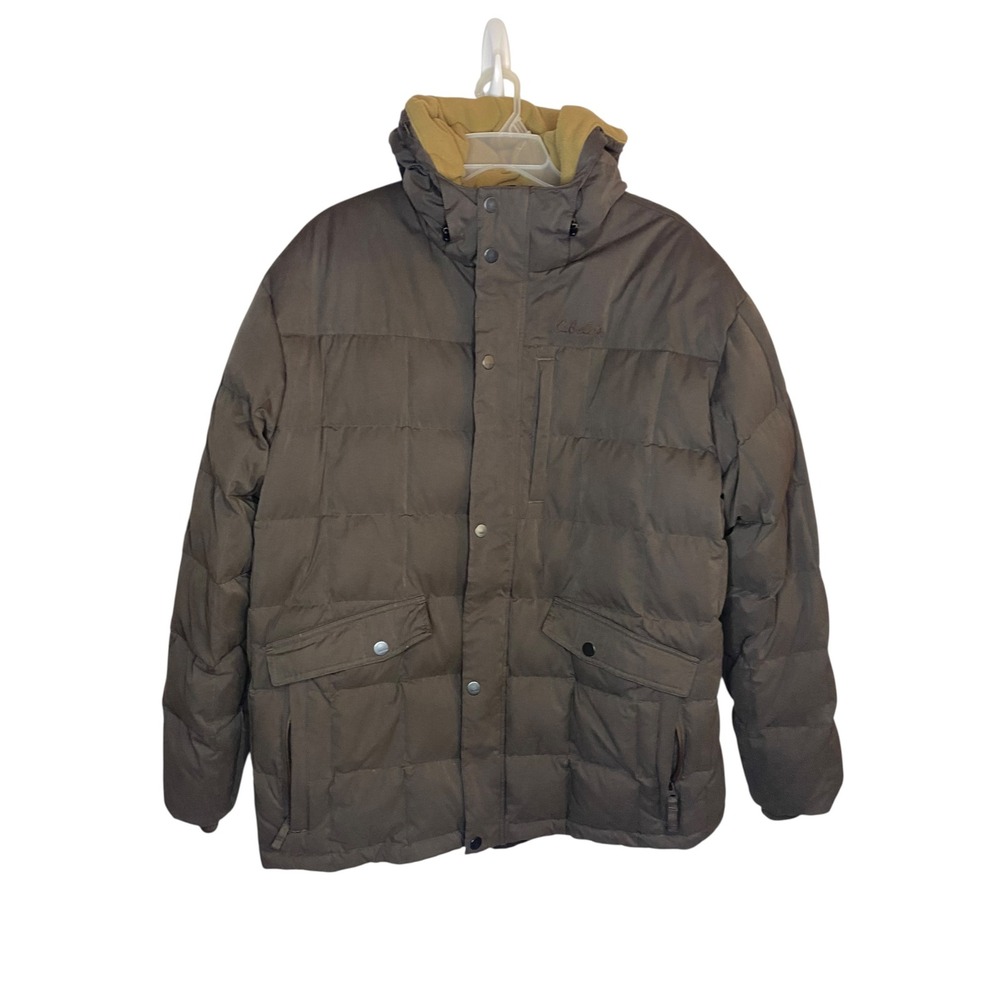 Cabelas Mens 2XL Goose Down Puffer Jacket Brown Hooded Fleece Lined Parka